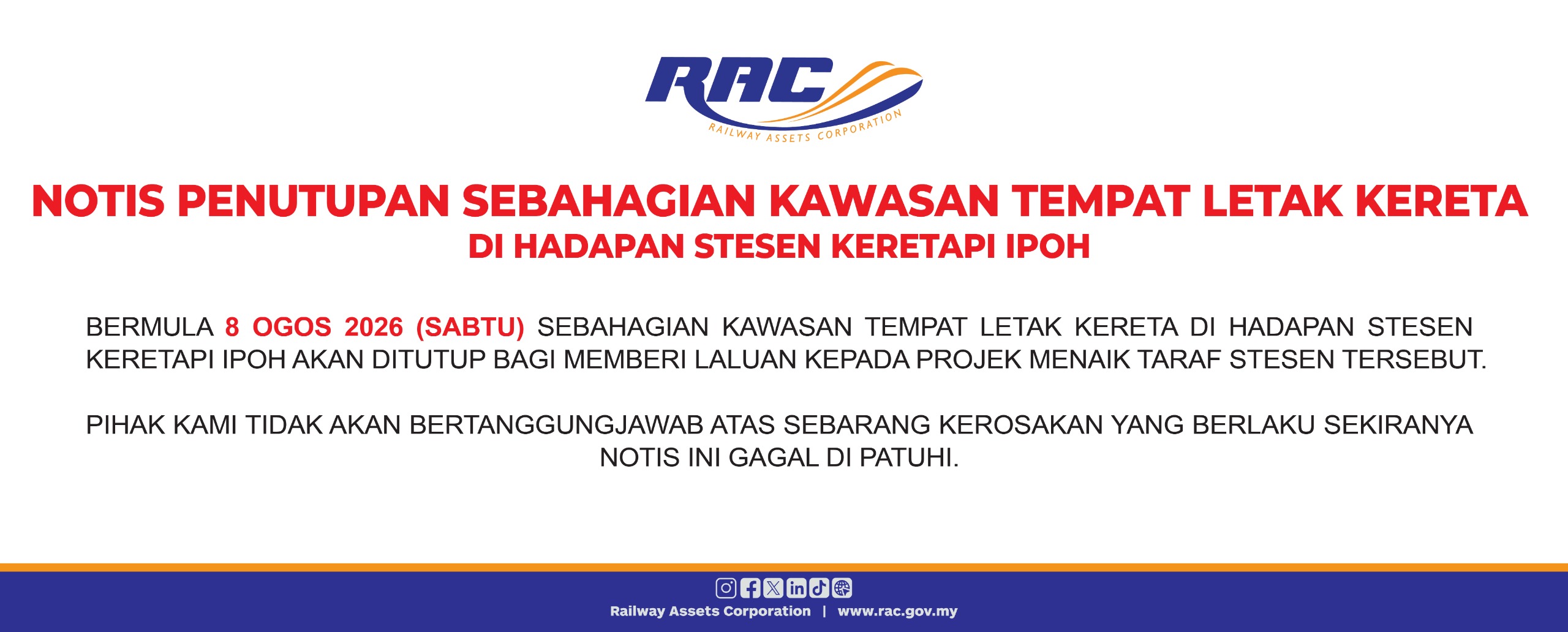 Poster penutupan parkir stesen ipoh
